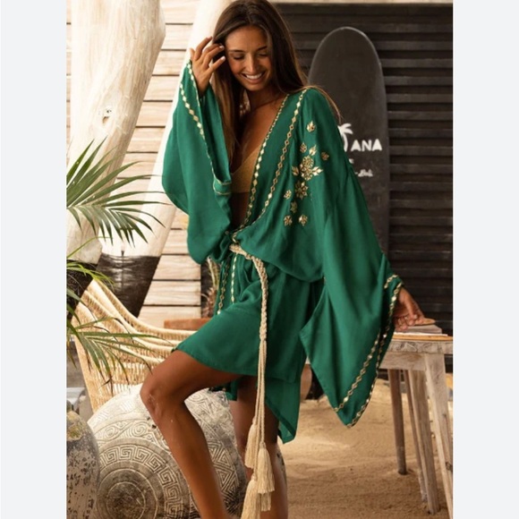 Miss June Paris Green Kimono with Gold Embroidery | One Size - Picture 1 of 8